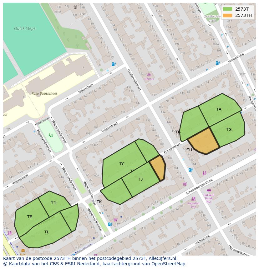 Afbeelding van het postcodegebied 2573 TH op de kaart.