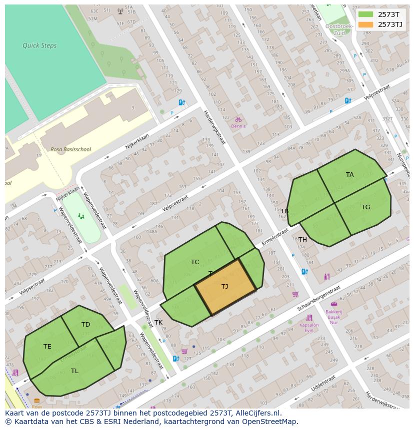 Afbeelding van het postcodegebied 2573 TJ op de kaart.