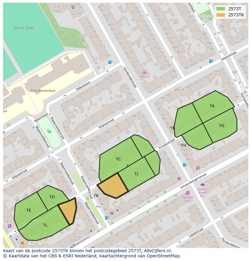 Afbeelding van het postcodegebied 2573 TK op de kaart.