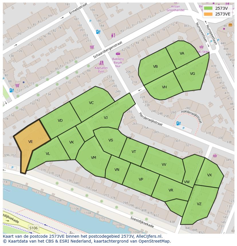 Afbeelding van het postcodegebied 2573 VE op de kaart.