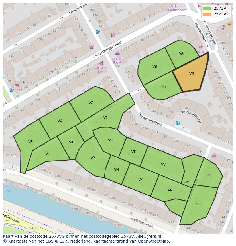 Afbeelding van het postcodegebied 2573 VG op de kaart.