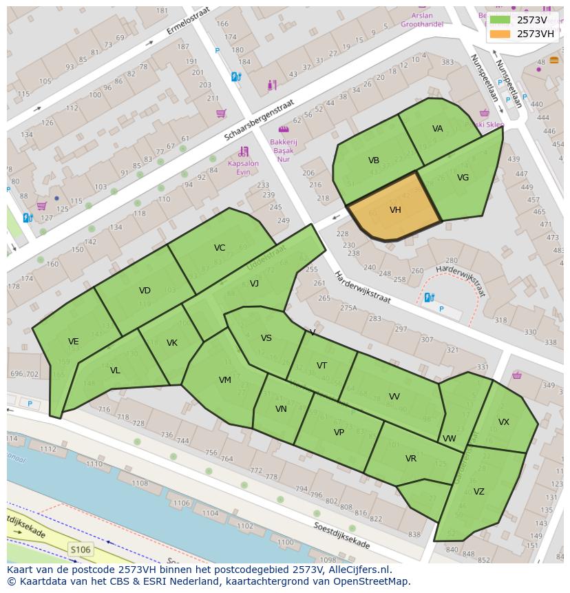 Afbeelding van het postcodegebied 2573 VH op de kaart.