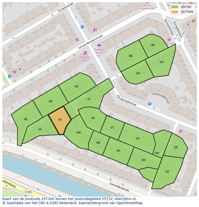 Afbeelding van het postcodegebied 2573 VK op de kaart.