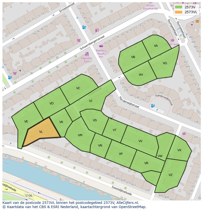 Afbeelding van het postcodegebied 2573 VL op de kaart.