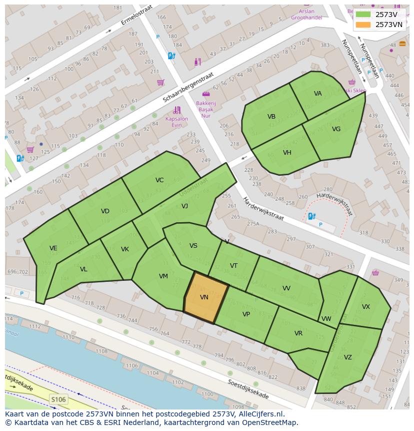 Afbeelding van het postcodegebied 2573 VN op de kaart.