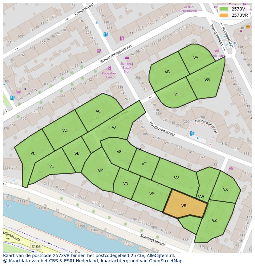 Afbeelding van het postcodegebied 2573 VR op de kaart.