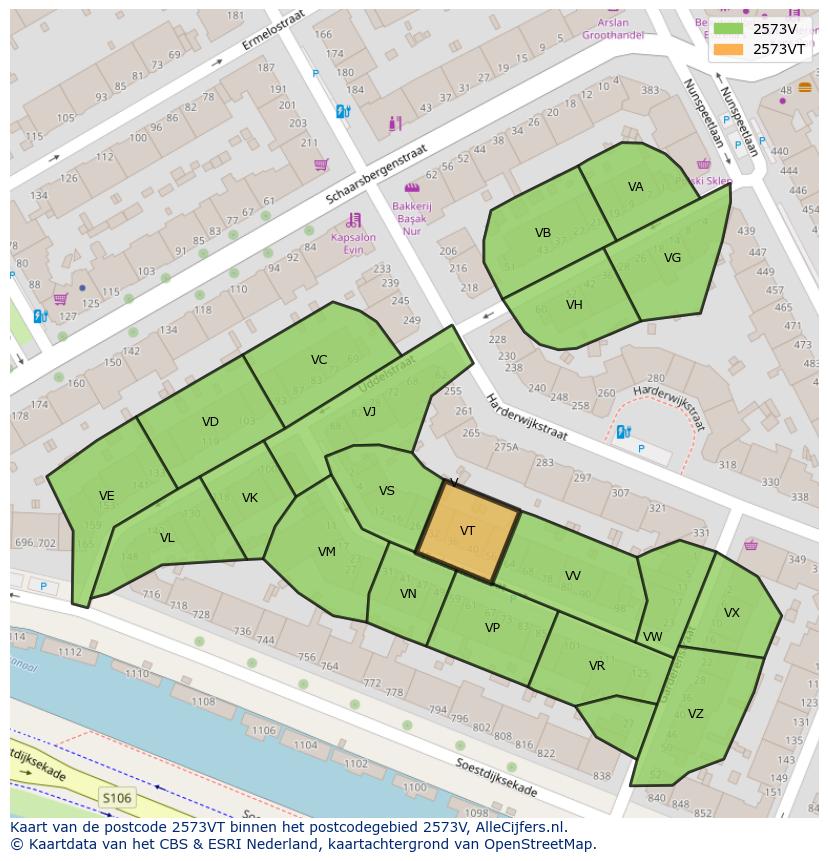 Afbeelding van het postcodegebied 2573 VT op de kaart.