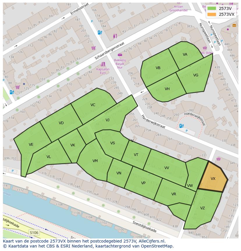 Afbeelding van het postcodegebied 2573 VX op de kaart.