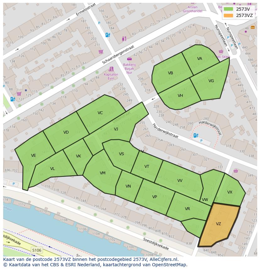 Afbeelding van het postcodegebied 2573 VZ op de kaart.