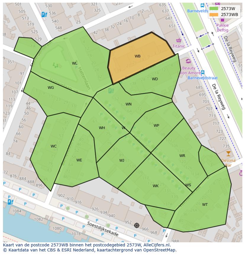 Afbeelding van het postcodegebied 2573 WB op de kaart.
