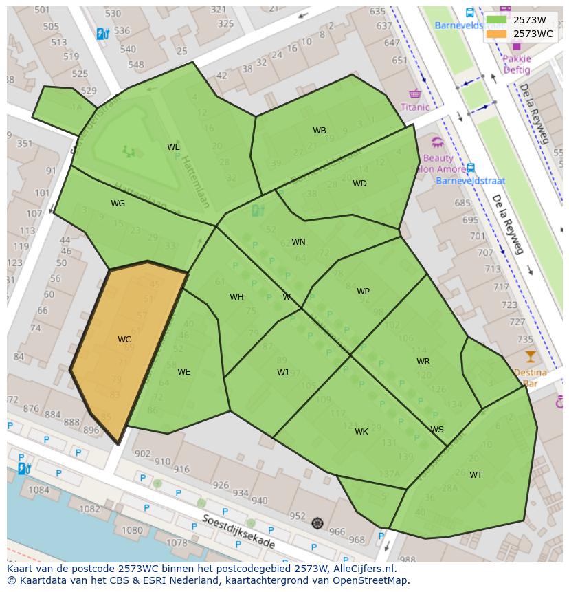 Afbeelding van het postcodegebied 2573 WC op de kaart.