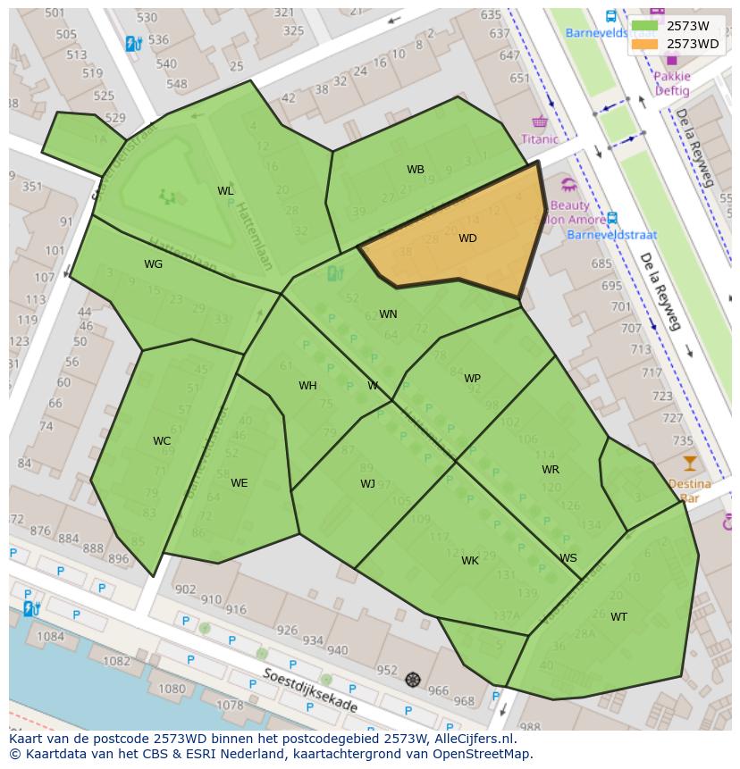 Afbeelding van het postcodegebied 2573 WD op de kaart.