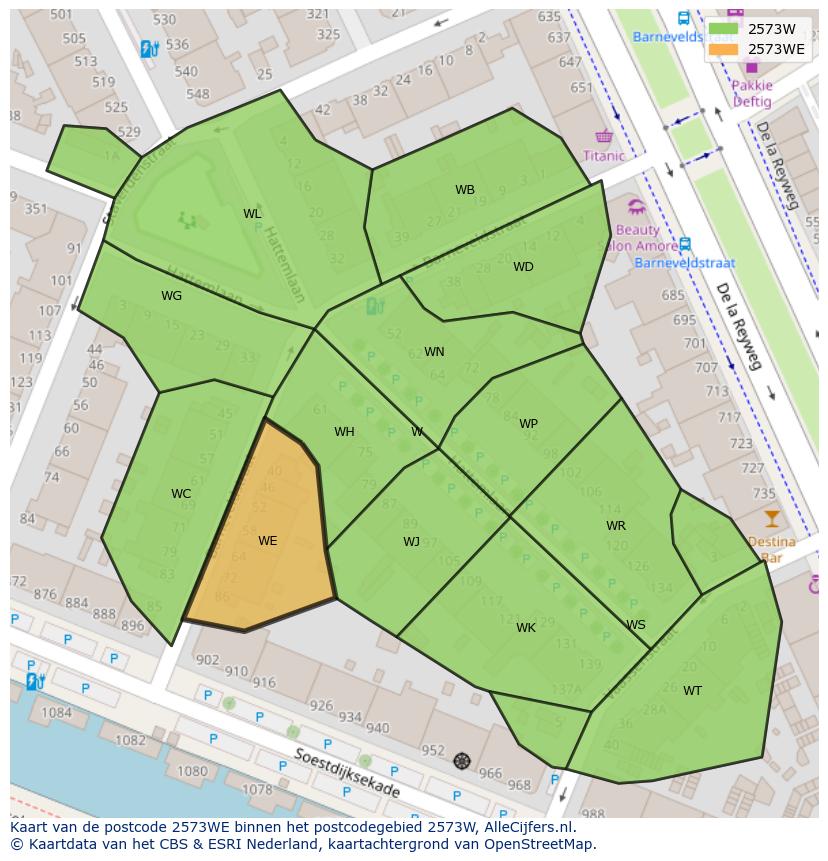 Afbeelding van het postcodegebied 2573 WE op de kaart.