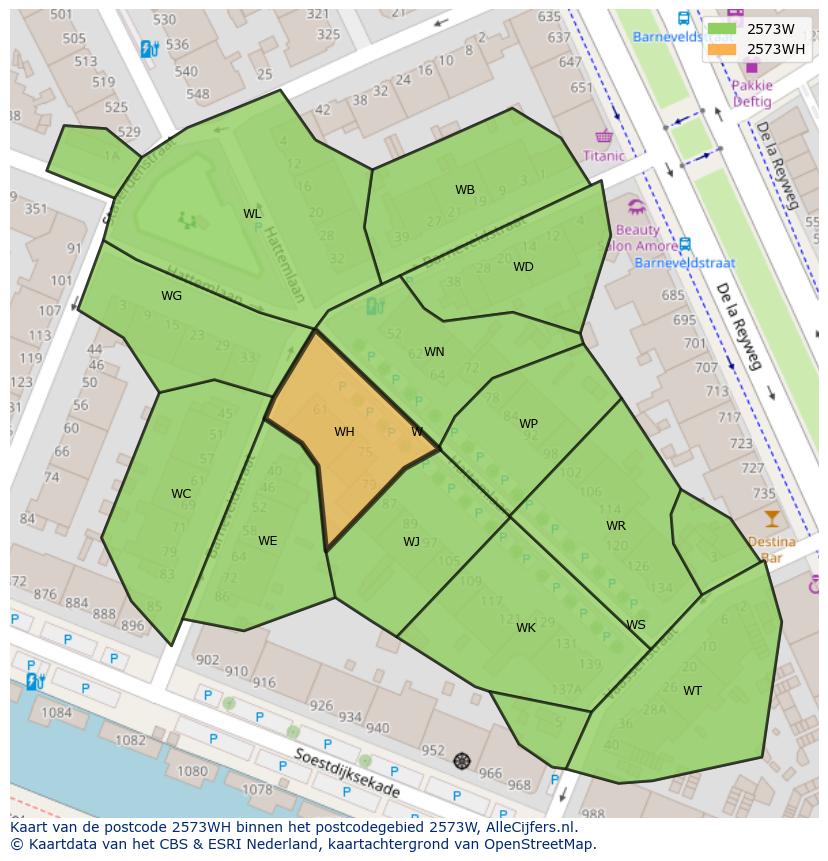 Afbeelding van het postcodegebied 2573 WH op de kaart.