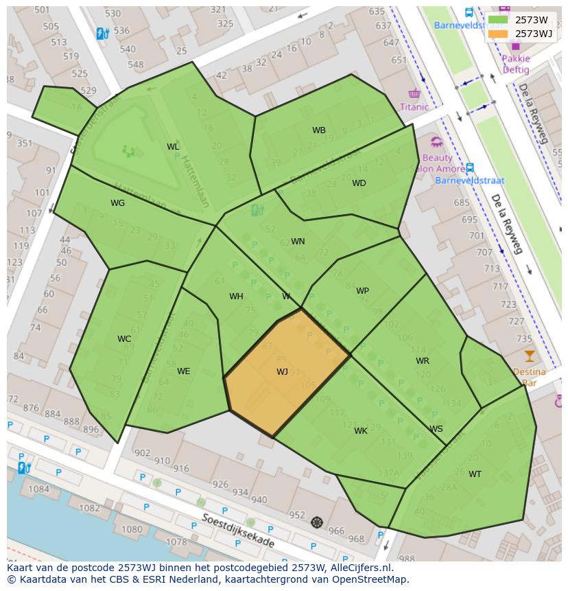 Afbeelding van het postcodegebied 2573 WJ op de kaart.
