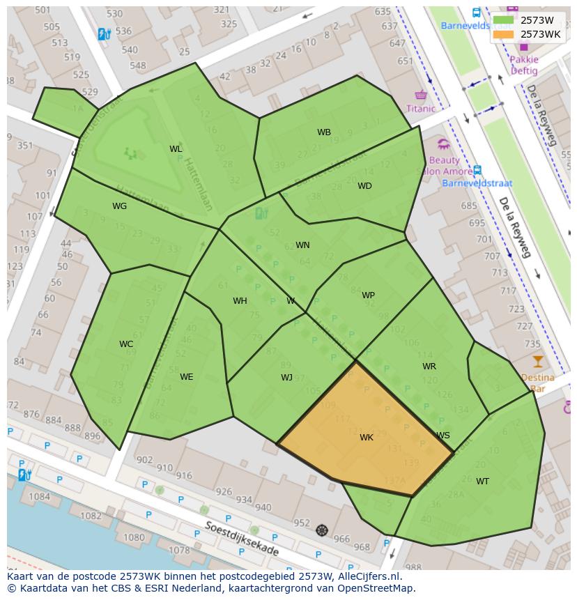 Afbeelding van het postcodegebied 2573 WK op de kaart.