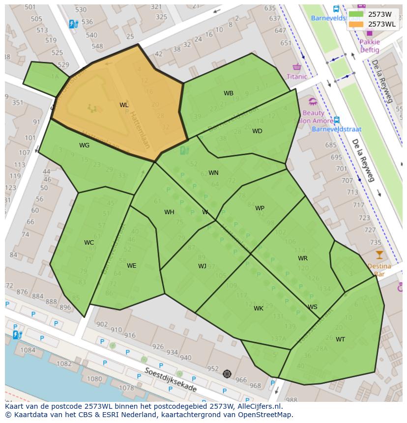 Afbeelding van het postcodegebied 2573 WL op de kaart.