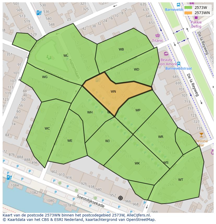 Afbeelding van het postcodegebied 2573 WN op de kaart.
