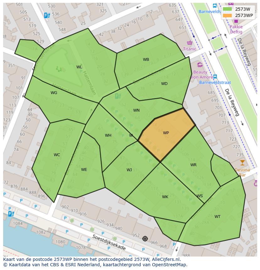 Afbeelding van het postcodegebied 2573 WP op de kaart.