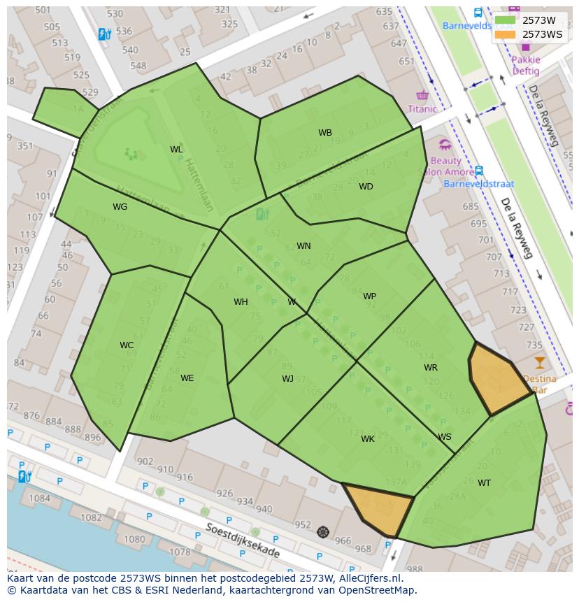 Afbeelding van het postcodegebied 2573 WS op de kaart.
