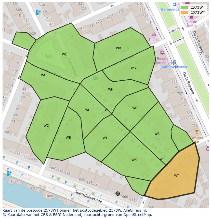 Afbeelding van het postcodegebied 2573 WT op de kaart.