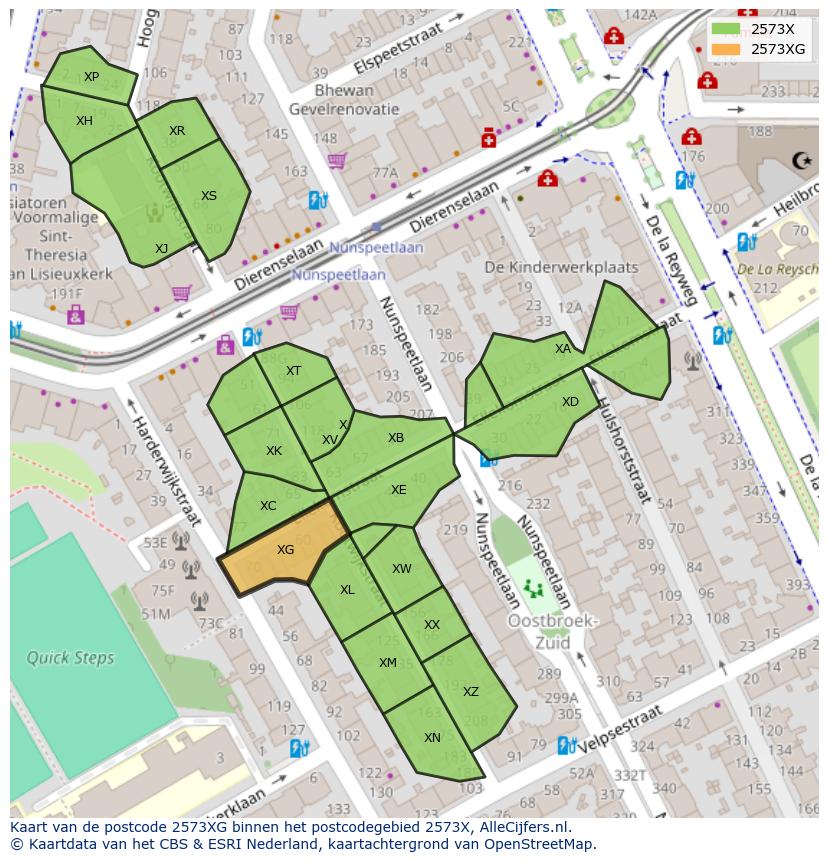 Afbeelding van het postcodegebied 2573 XG op de kaart.