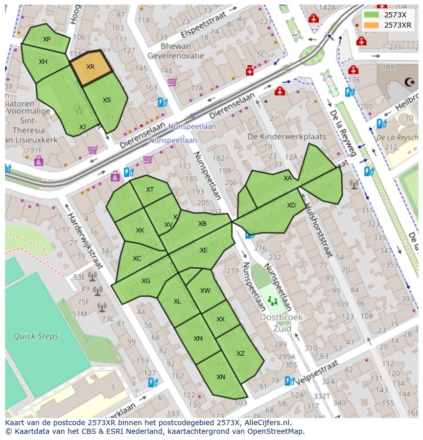 Afbeelding van het postcodegebied 2573 XR op de kaart.