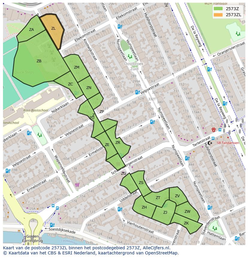 Afbeelding van het postcodegebied 2573 ZL op de kaart.
