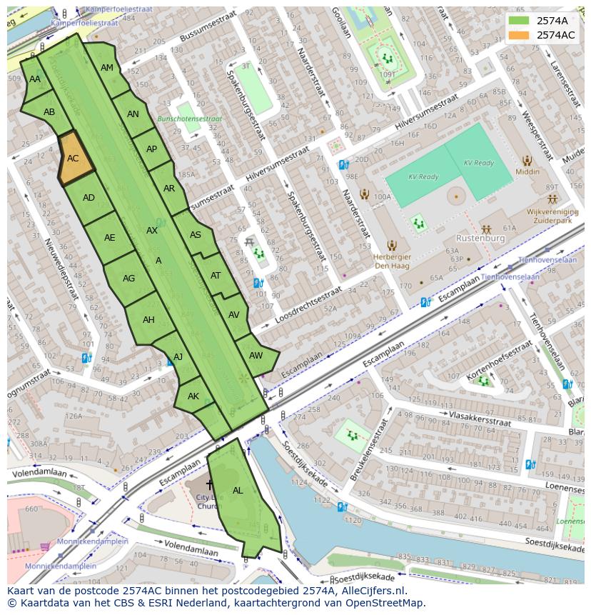 Afbeelding van het postcodegebied 2574 AC op de kaart.