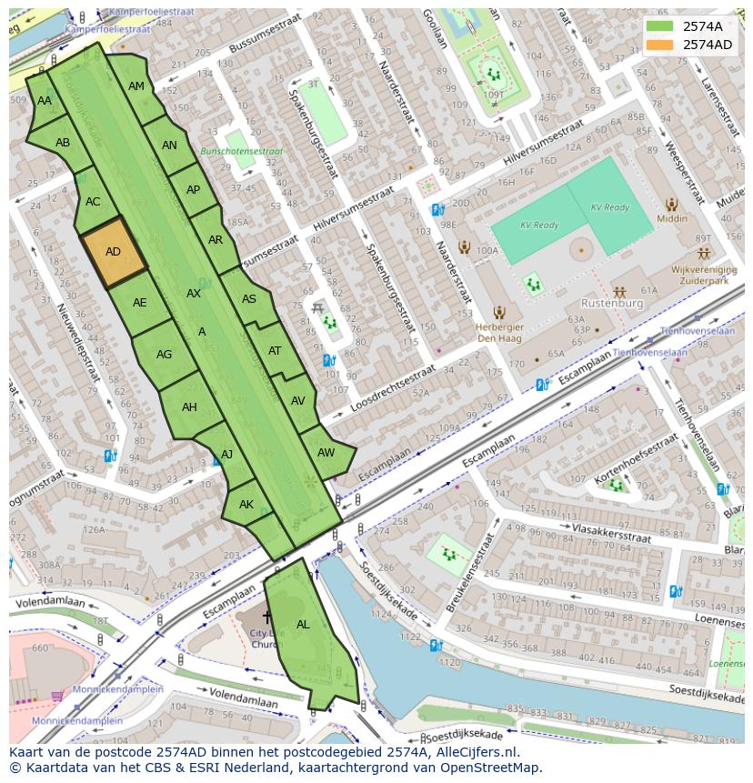 Afbeelding van het postcodegebied 2574 AD op de kaart.