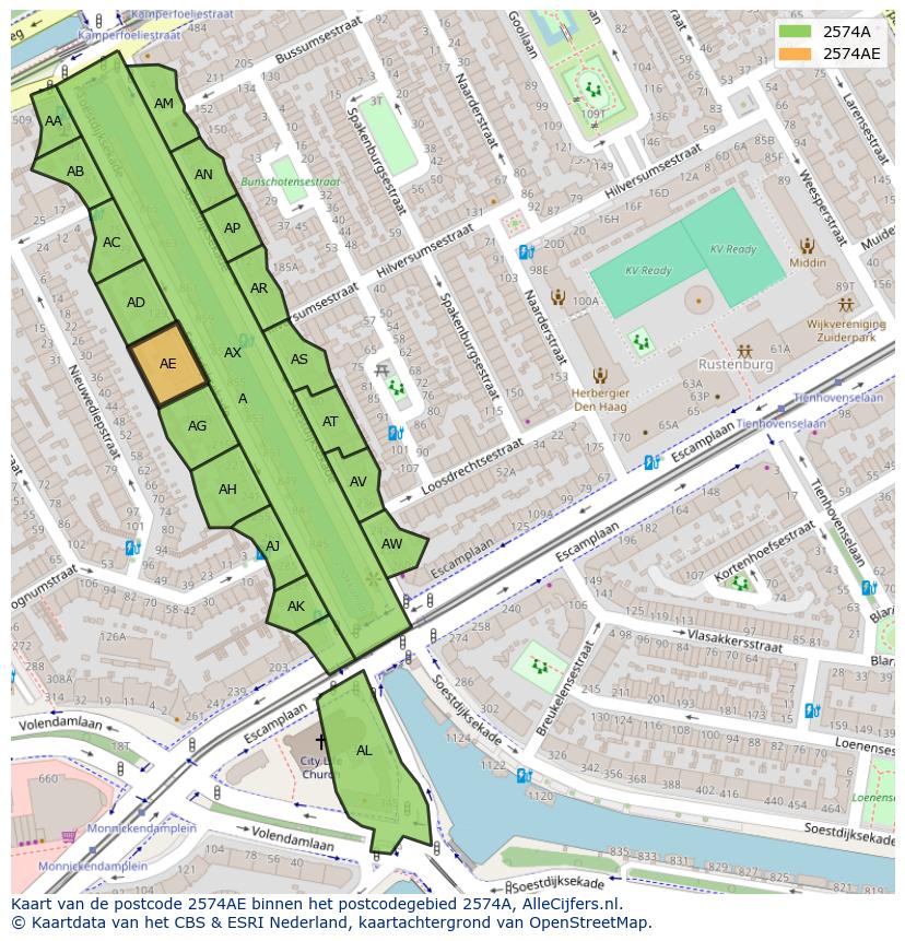 Afbeelding van het postcodegebied 2574 AE op de kaart.