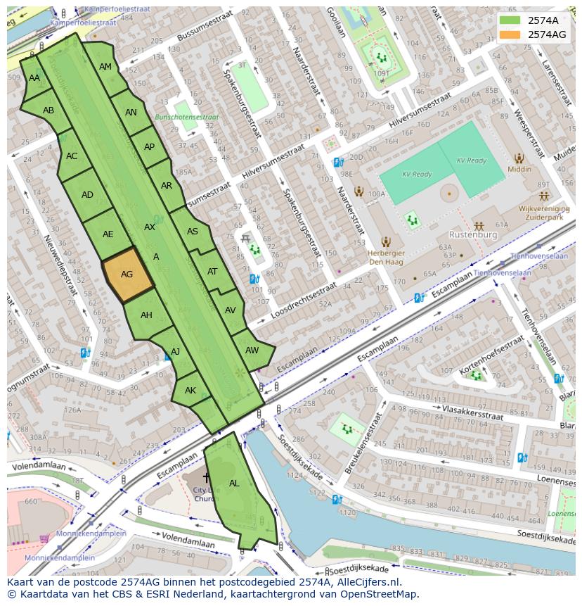 Afbeelding van het postcodegebied 2574 AG op de kaart.