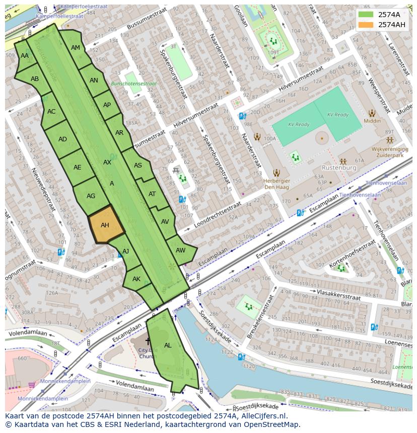 Afbeelding van het postcodegebied 2574 AH op de kaart.