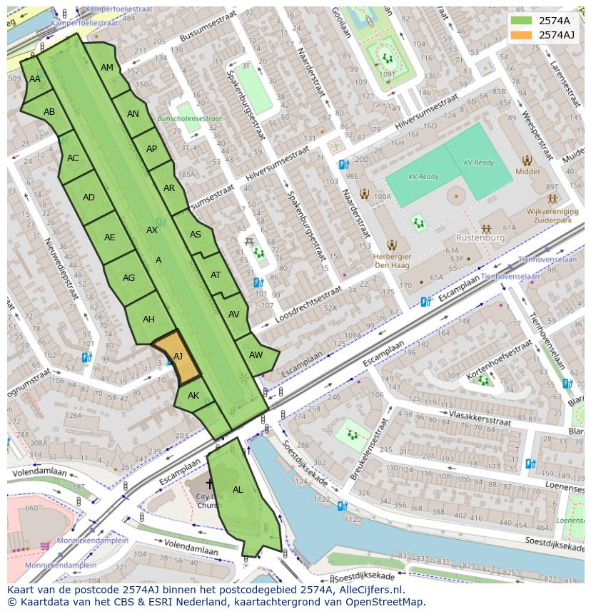 Afbeelding van het postcodegebied 2574 AJ op de kaart.
