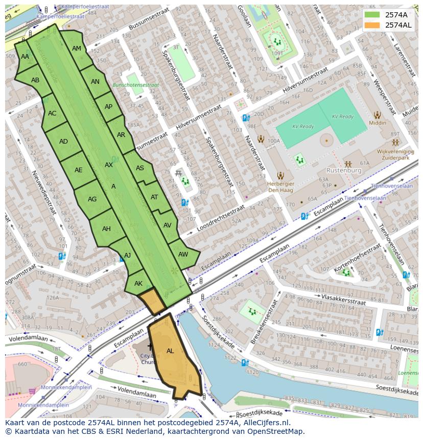 Afbeelding van het postcodegebied 2574 AL op de kaart.