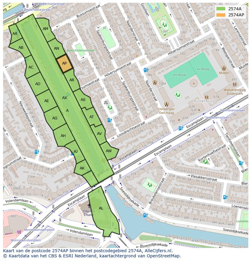 Afbeelding van het postcodegebied 2574 AP op de kaart.
