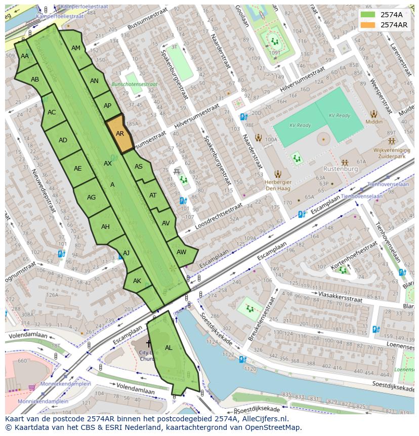 Afbeelding van het postcodegebied 2574 AR op de kaart.