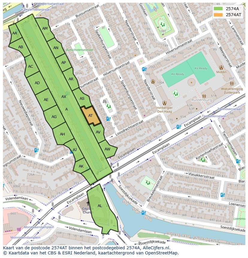 Afbeelding van het postcodegebied 2574 AT op de kaart.