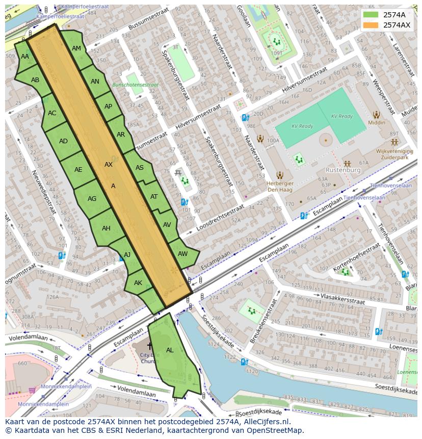 Afbeelding van het postcodegebied 2574 AX op de kaart.
