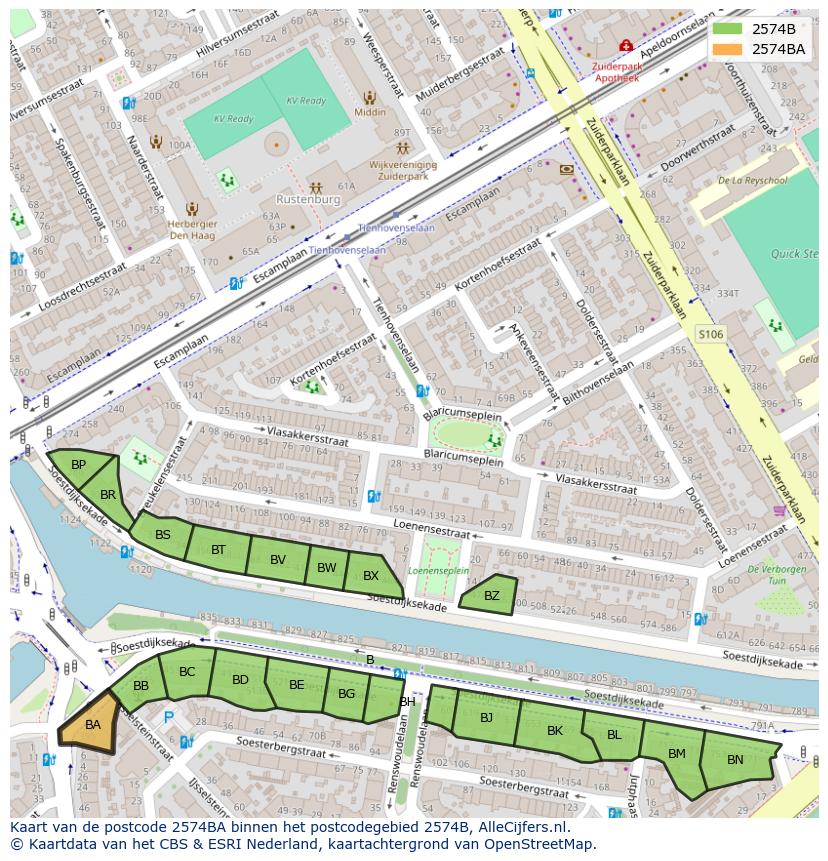 Afbeelding van het postcodegebied 2574 BA op de kaart.