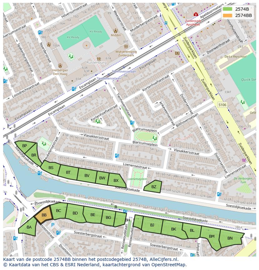Afbeelding van het postcodegebied 2574 BB op de kaart.