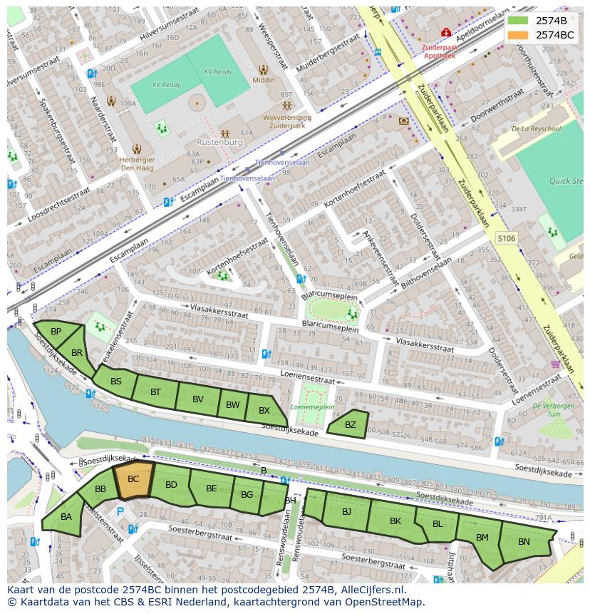 Afbeelding van het postcodegebied 2574 BC op de kaart.