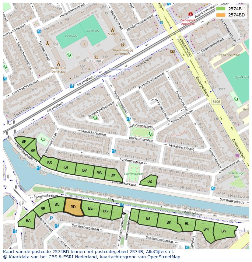 Afbeelding van het postcodegebied 2574 BD op de kaart.