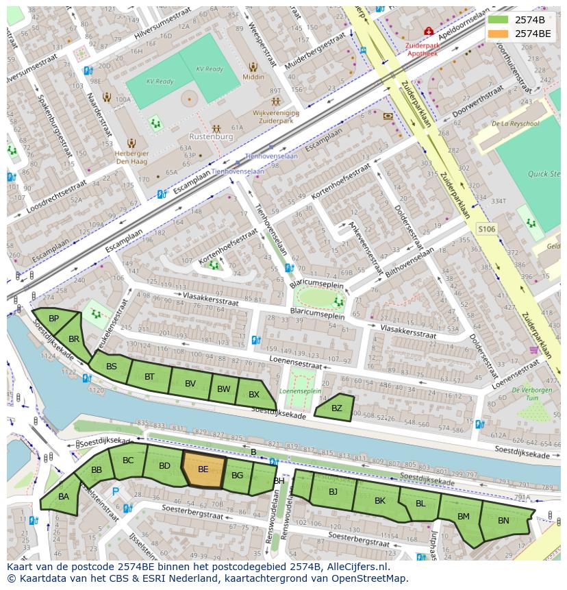 Afbeelding van het postcodegebied 2574 BE op de kaart.