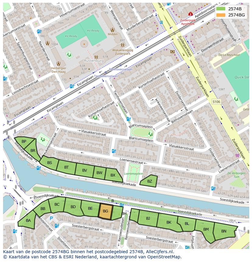 Afbeelding van het postcodegebied 2574 BG op de kaart.