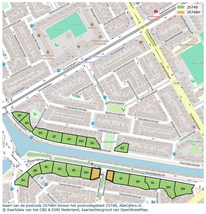 Afbeelding van het postcodegebied 2574 BH op de kaart.