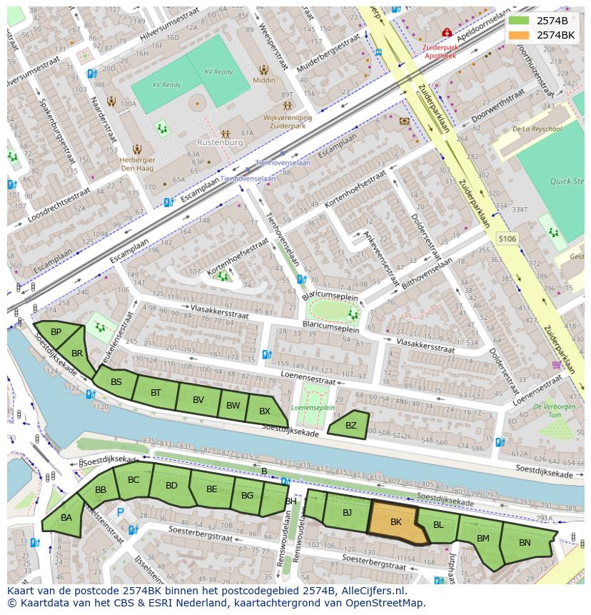 Afbeelding van het postcodegebied 2574 BK op de kaart.