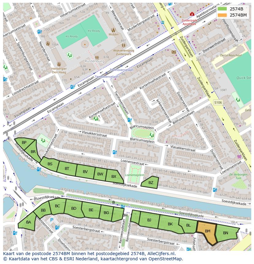 Afbeelding van het postcodegebied 2574 BM op de kaart.