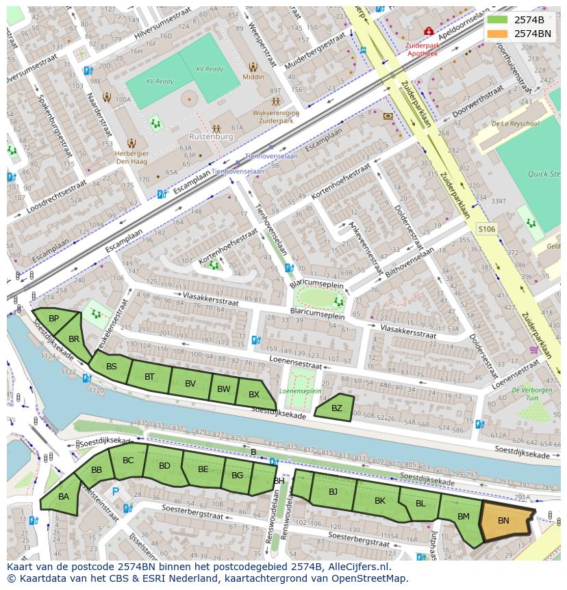 Afbeelding van het postcodegebied 2574 BN op de kaart.