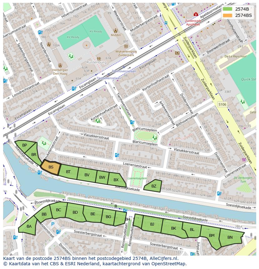 Afbeelding van het postcodegebied 2574 BS op de kaart.